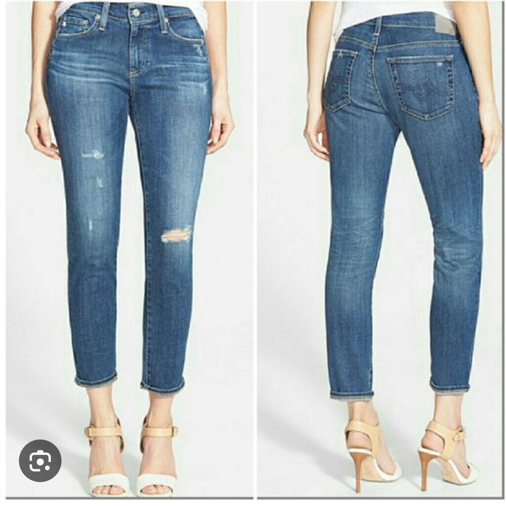 AG Adriano Goldschmied Distressed Blue The Beau Slouchy Skinny Jeans